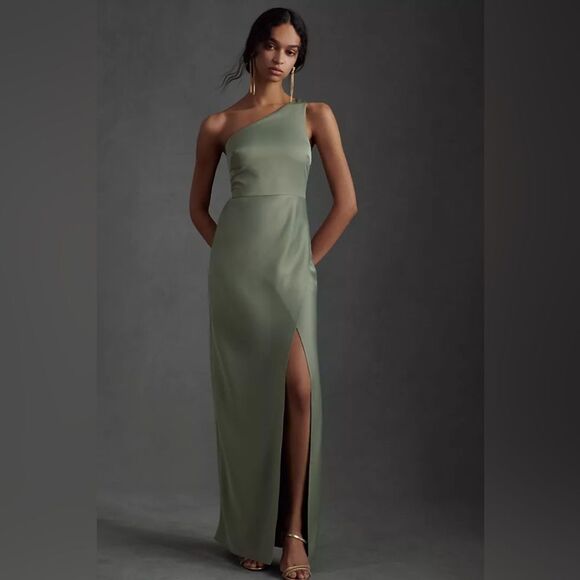 BHLDN Dylan One Shoulder Satin Side Slit Gown in Moss - Picture 1 of 3